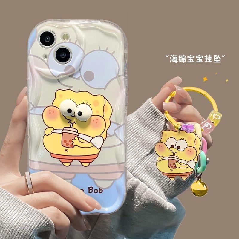 Big Eyes SpongeBob Cartoon TPU Soft Phone Case For 11 12 Mini 13 Pro Max 14 Pro 15 Pro X XS Max XR 7 8 Plus With Pendant