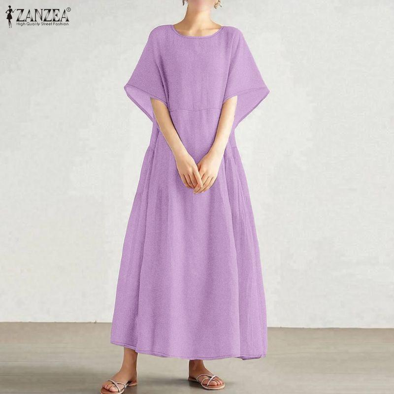 ZANZEA Women Casual Round Neck Loose Summer Short Sleeve Dress