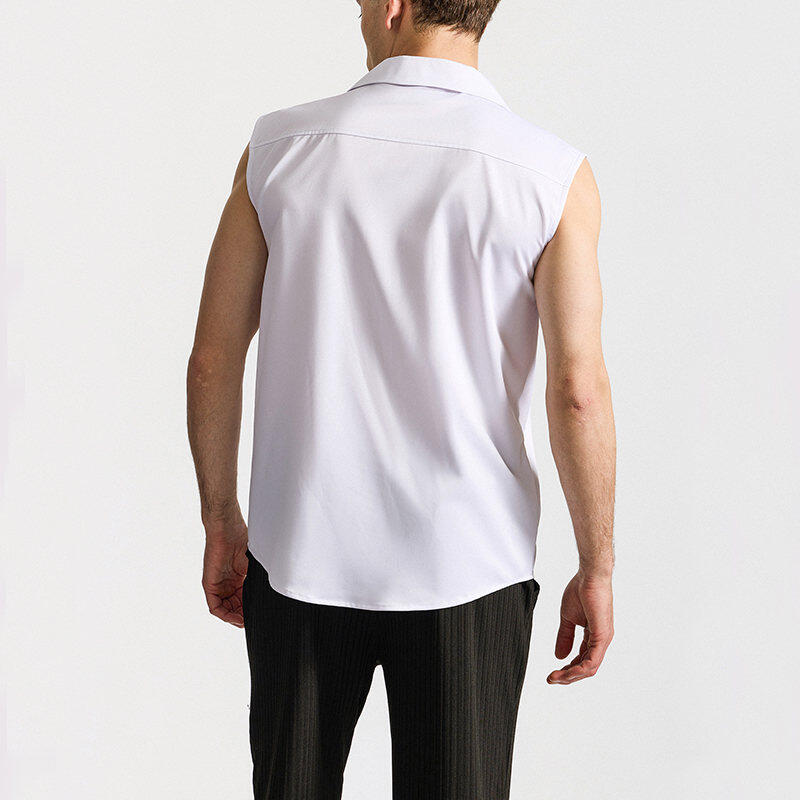 Men's Sleeveless White Shirt Summer Casual Breathable Collared Top Double Pocket Male Blouse