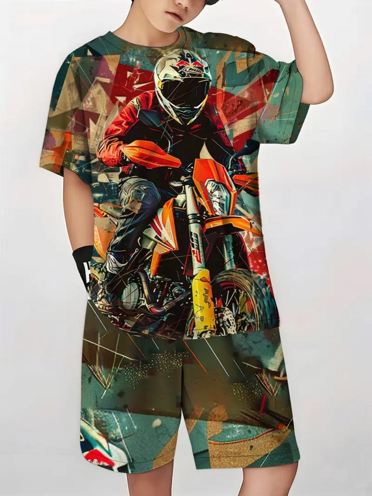 Ensembles pour Enfants Impression Moto Ensemble Haut et Bas d'Été pour Enfants Vêtements d'Extérieur Décontractés Confortables pour Enfants