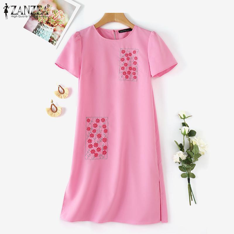 

ZANZEA Женское повседневное летнее платье с короткими рукавами и круглым вырезом с цветочной вышивкой S темно-синий