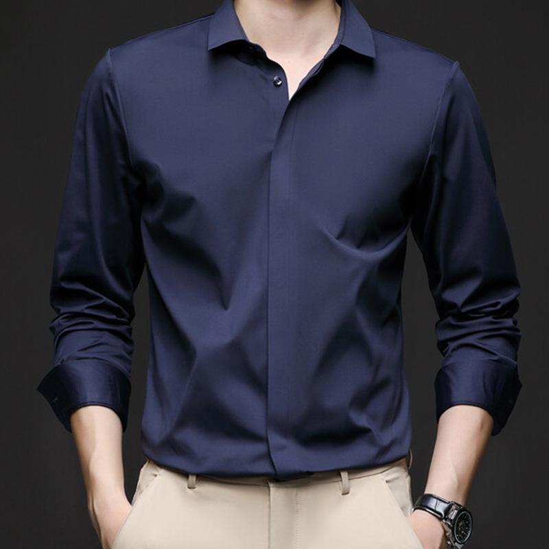 Frühling und Herbst Neue Herren Einfarbig Dunkle Knopfleiste Langarmhemd Business Casual Dünnes Hemd Stretchhemd