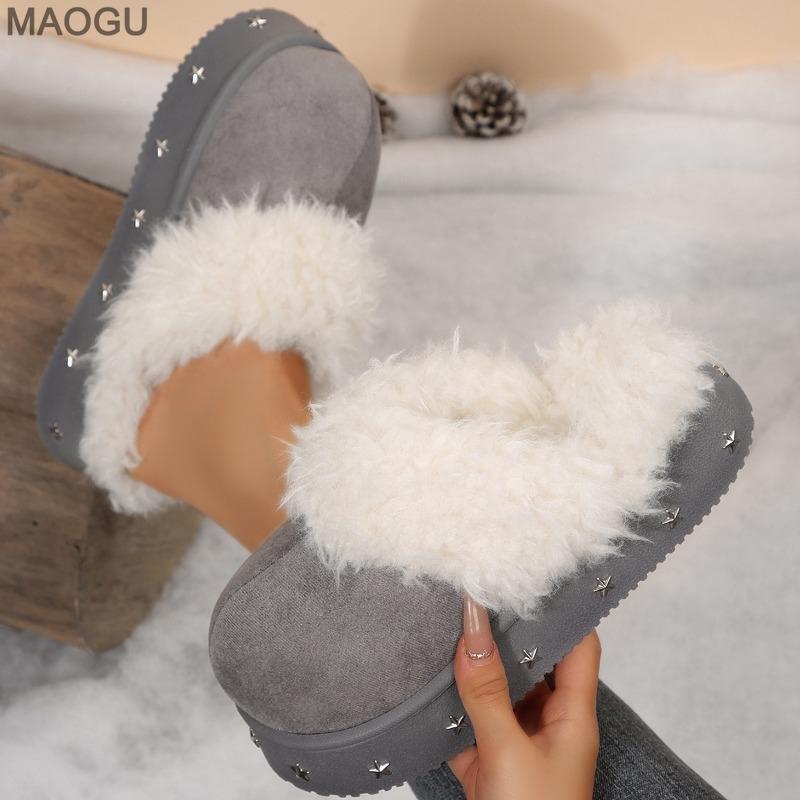 Women's Furry Cotton Slippers Star Decors Platform Sole Winter Warm Slip on Slides Cover Toe Outdoor Indoor Comfort House Shoes