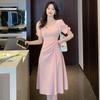 New Elegant Pleated Mid Length Dress Square Neckline with Puff Sleeves A Line Dress Waist Cinching Flowing Casual Dress Suitable for Workplace Office