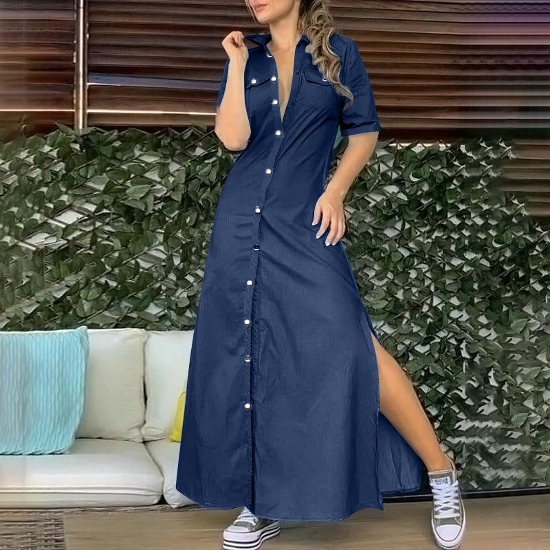 BITCED Fashion Summer Spring Solid Color Print POLO Neck Casual Dresses S