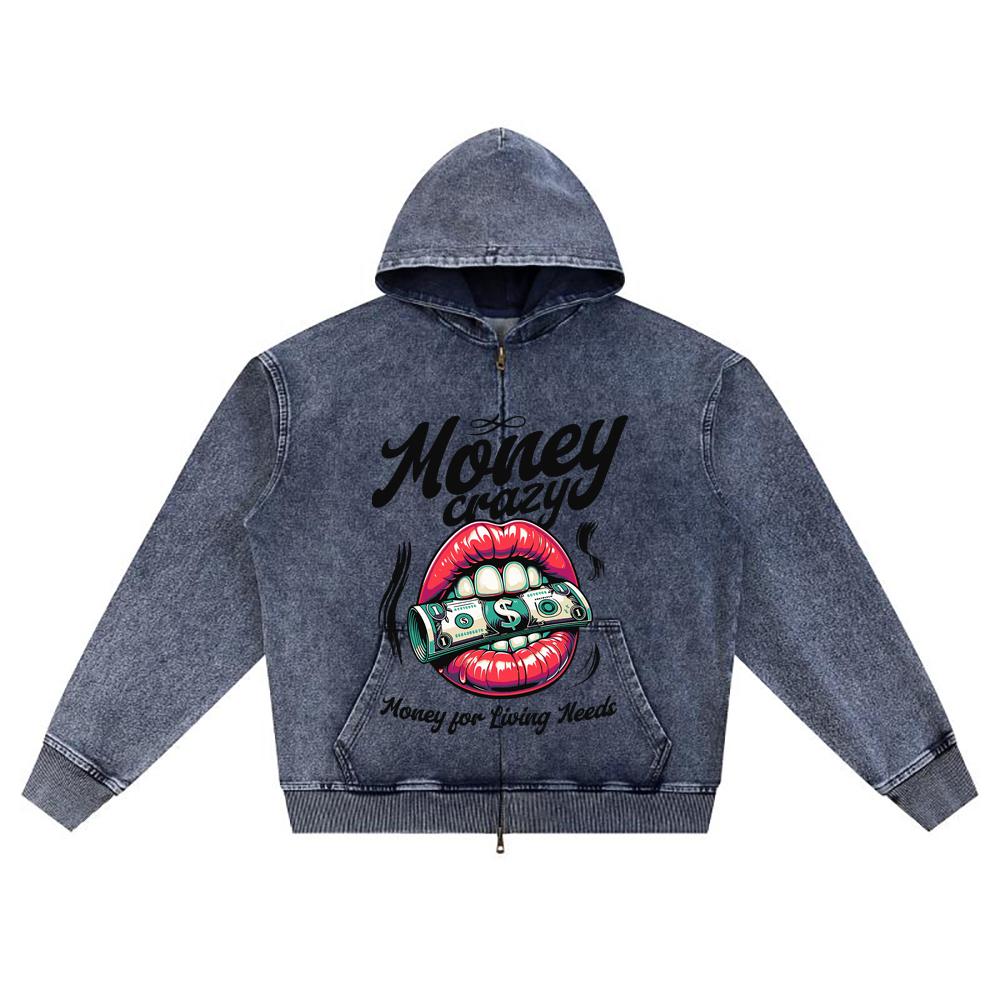 

DTG print Knitted Denim Zip-Up Hoodie Money Crazy Brother Print Zipper Hoodies XL темно-синий