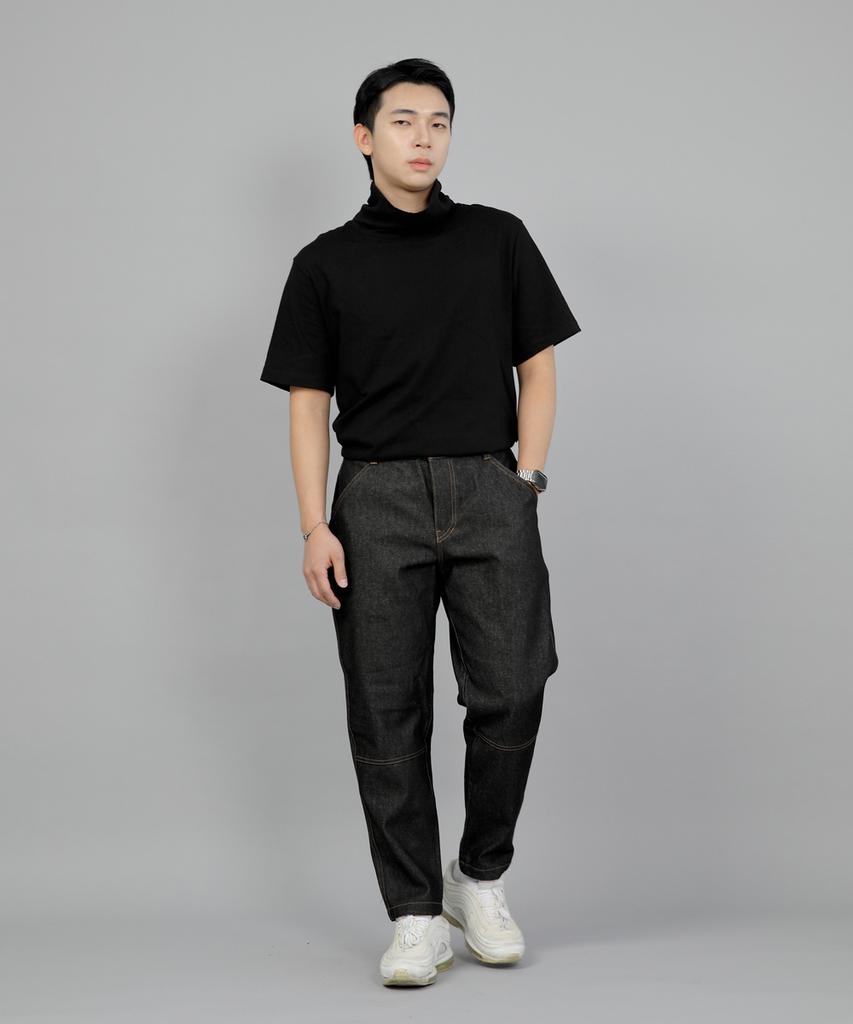 Seinteukeulu Tapered Cut Crop Half-Band Pants Tch-326 Black Denim Brs