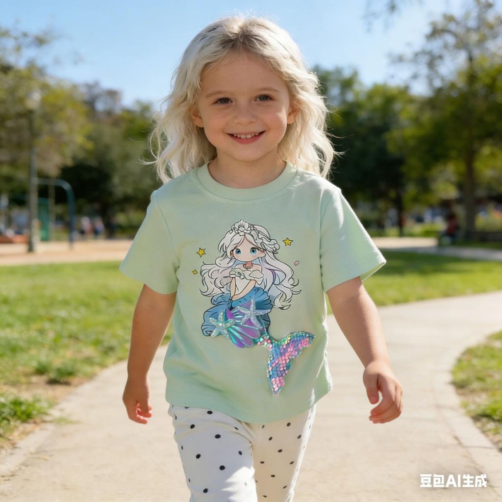 Girls Mermaid Sequin Short Sleeve T Shirt Summer Slim Fit Cute Top