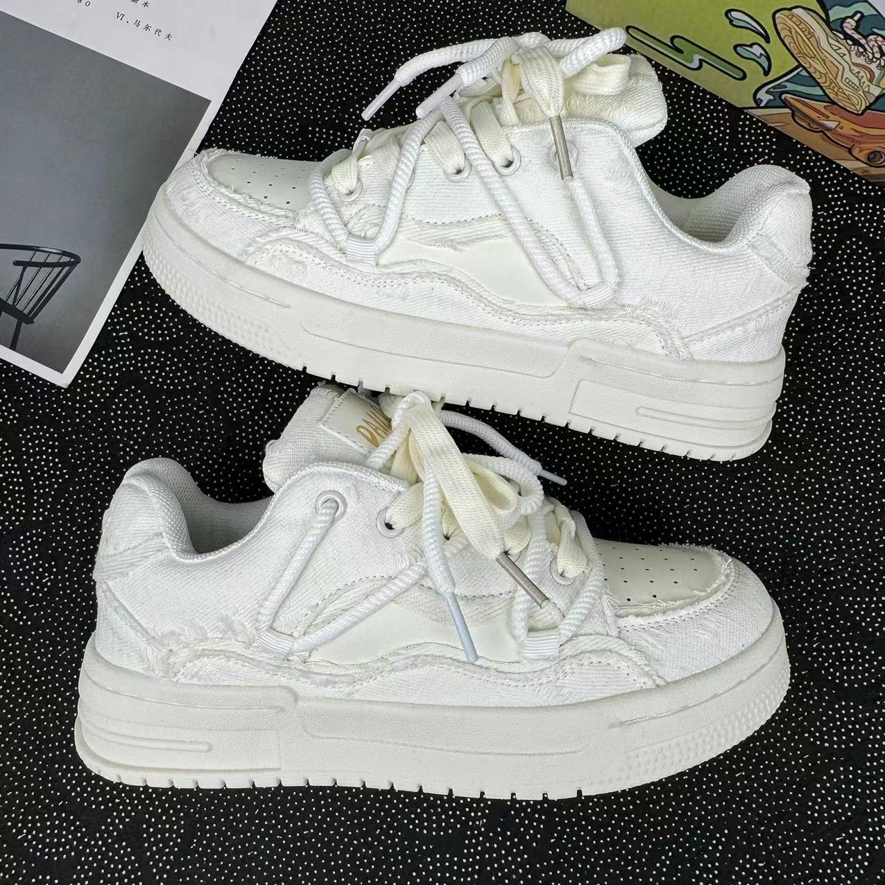 

Guochao 2024 новые нишевые ретро-туфли в цвете, повседневные туфли для скейтбординга, пара, уличные туфли на платформе, модные одиночные туфли для мужчин 36 грязно-белый