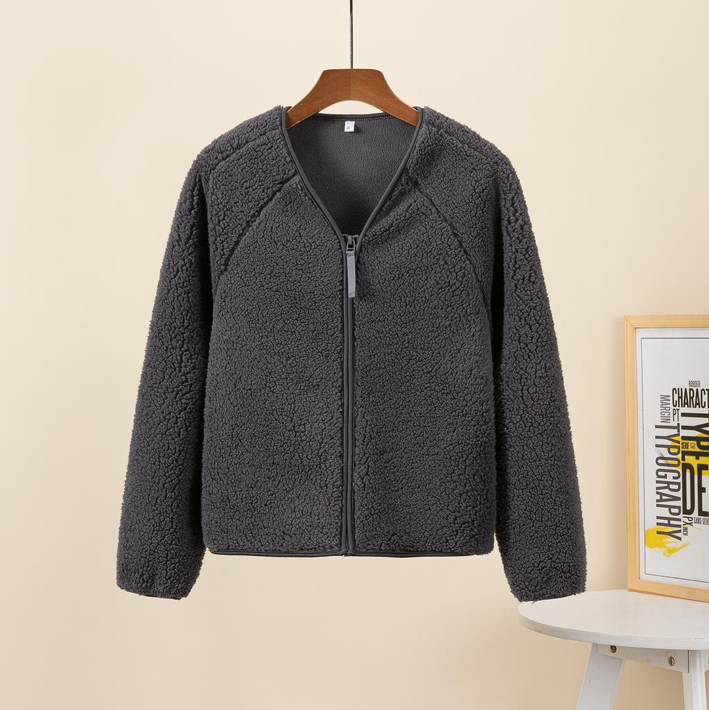Women Autumn Winter Lamb Fur Solid Thick Warm V-Neck Long-Sleeved Casual All Match Female Outwear Jackets