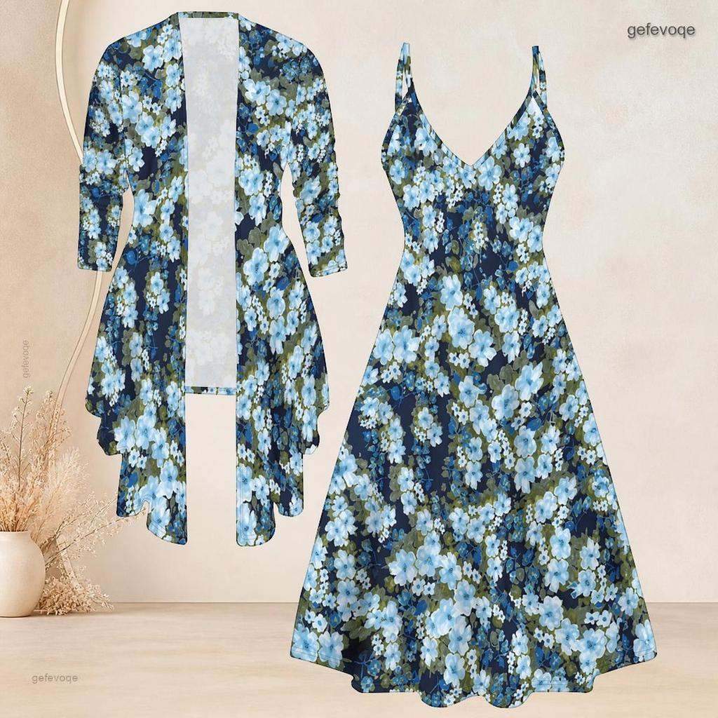 Women Plus Size Two Piece Set Long Sleeve Jacket Cami Maxi Dress