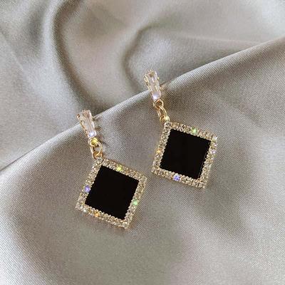 925 Sterling Silber Nadel Baumeln Tropfen Ohrringe für Frauen Schmuck Rhombus Schwarz Stein Kubikzircon Elegante Weibliche Ohrringe