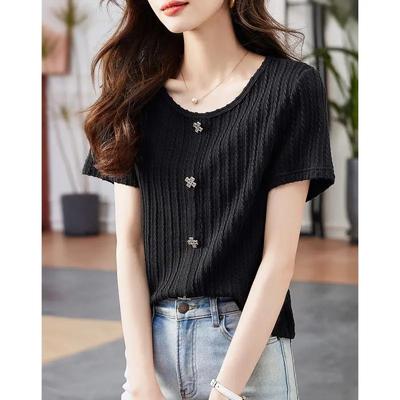 Summer New Style All-match Commuting Round Neck Slightly Elastic Casual Short-sleeved T-shirt Women's Short Sleeve Korean Top