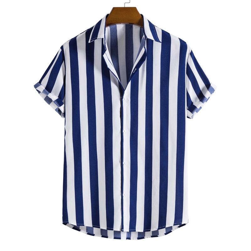 Camicia Casual da Uomo Estiva con Bottoni Stampa a Righe Verticali Blu e Bianche Manica Corta