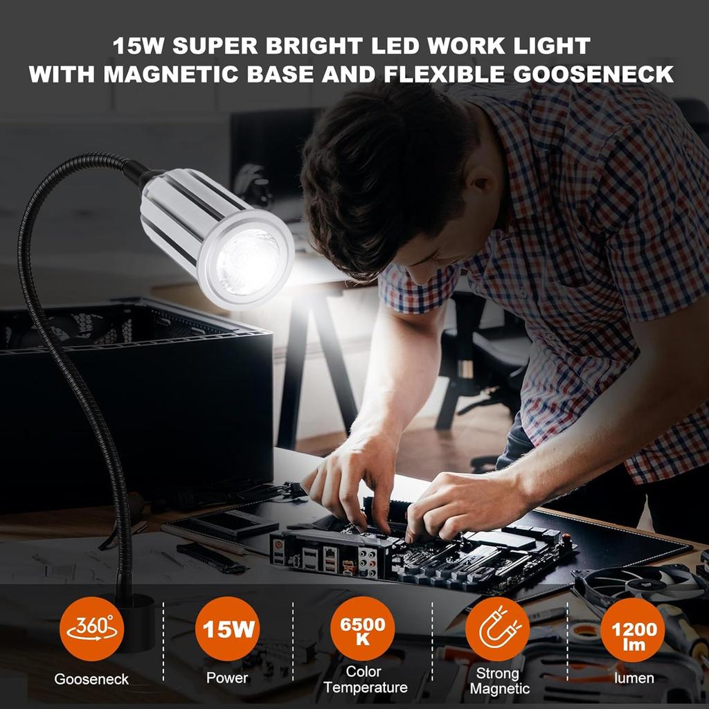 15W Magnetic Work Light 1200LM LED Machine Light with Flexible Gooseneck Shop Tool Lamp for Sewing Machine Grill Industrial Lighting