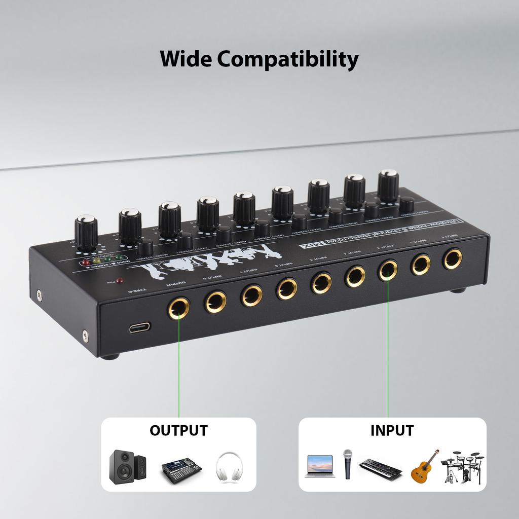 8 Channel Audio Mixer Mono Stereo Switching Audio Mixer with Level Indicator Light 6.35mm TRS TS Input Metal Iron Shell