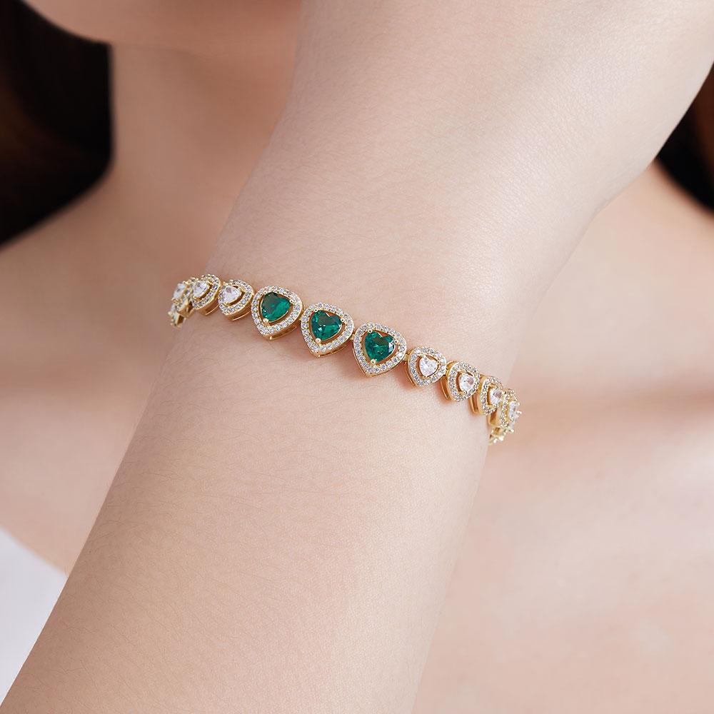 Green White Heart Zircon 14K Gold Plated Stunning Copper Tennis Bracelet