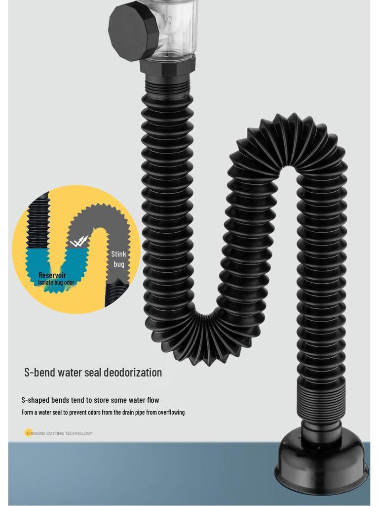 Wall-Mounted Anti-Odor Bathroom Sink Drain Set - Stainless Steel Basin Pipe and Horizontal Drainer.