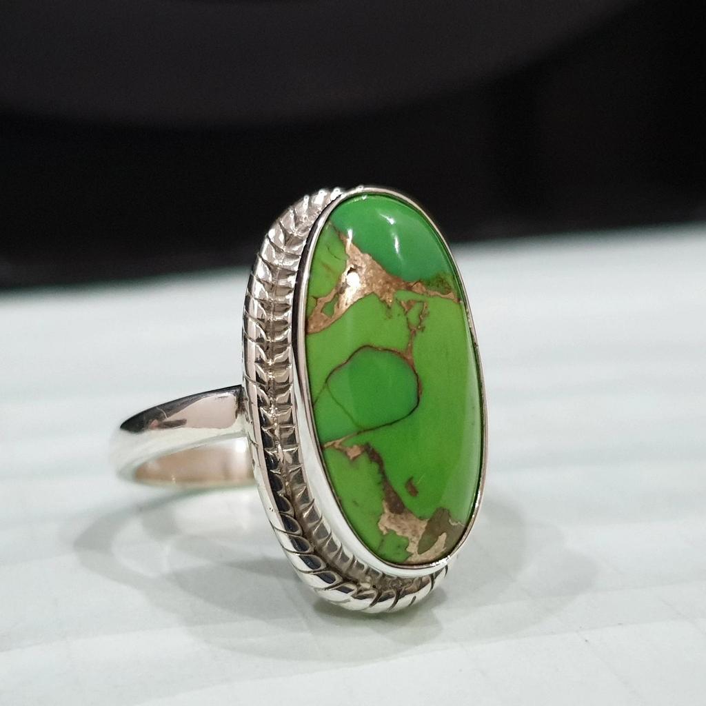Oval Cab Green Copper Turquoise 925 Sterling Silver Ring, Handmade Artisan Gift Turquoise Ring