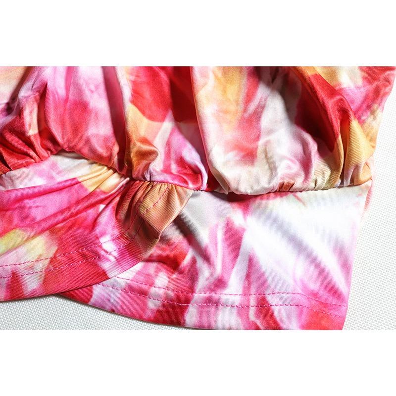 Summer Women's Sexy U Neck Wrap Printed Lantern Sleeve Neckless Pullover Stretchy Loose Top