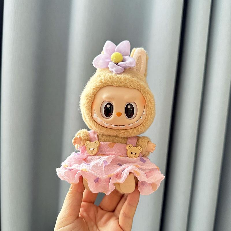 Kawaii Kleiderset für Labubu 17cm Plüschpuppen Outfit Zubehör Plüschpuppen Kleidung Herzschlag Macaron Partypuppen Kleidung Set