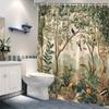 1pc Botanical Jungle Shower Curtain - Tropical Forest Design, Exotic Birds & Animals, Lush Greenery,Red Orange Flowers,Polyester