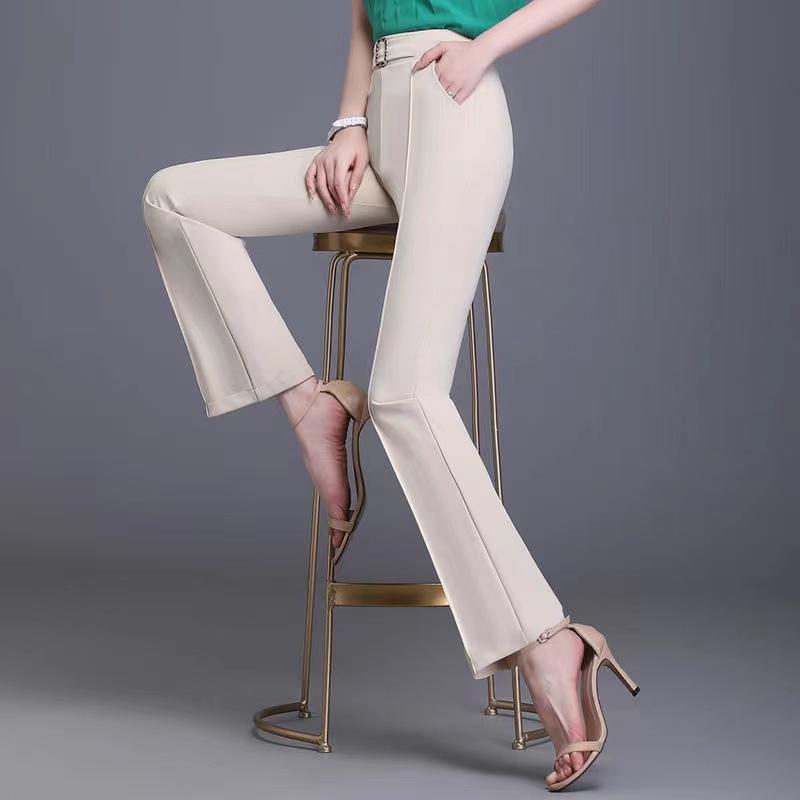 Dámské zeštíhlující kalhoty s vysokým pasem, úzké u kotníků a široké v dolní části, na jaro a podzim