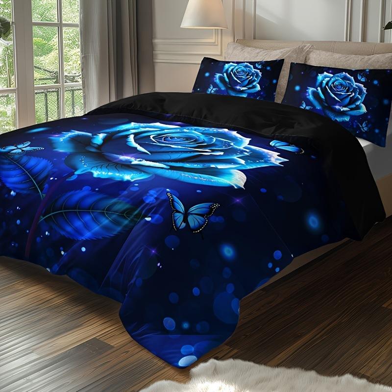 Blue Rose Digital Printed Duvet Set Three-Piece Valentine'S Day Gift Suitable For Bedroom Decoration Bedding
