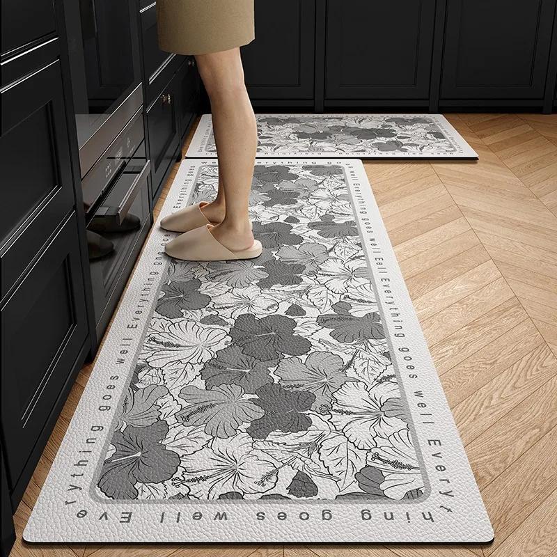 PVC Kitchen Floor Mat Leather Waterproof Non-slip Foot Mats Long Carpet Flower Plant Flowers Pastoral Style Home Decoration Rug