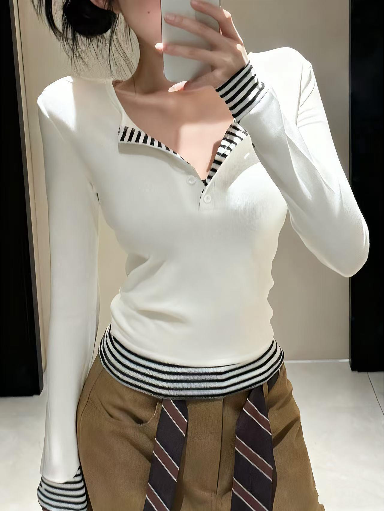 

Stripe Color Block Patchwork Fake Two-Piece Long Sleeve Slim Fit Button-Up Women s T-Shirt Large білий