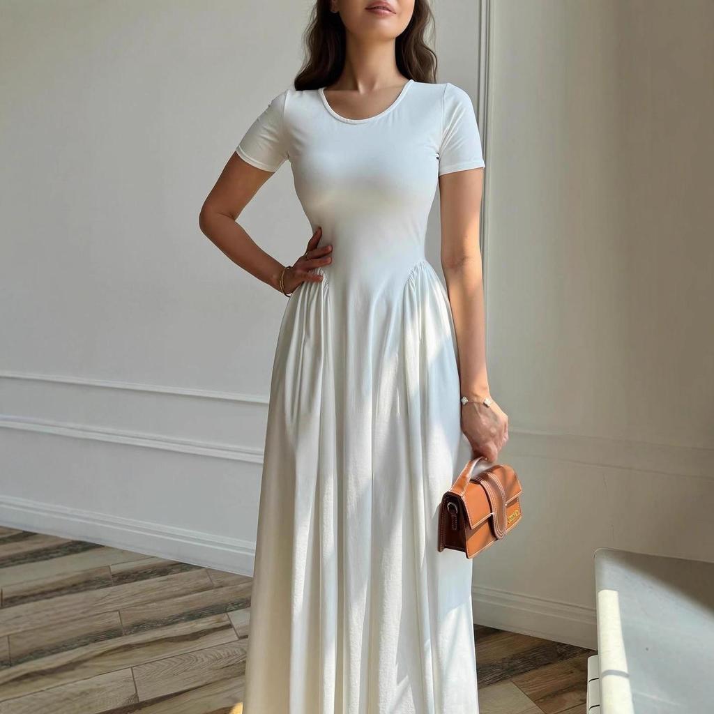 2025 Summer Women's Round Neck Solid Color Short Sleeve Commute Dress