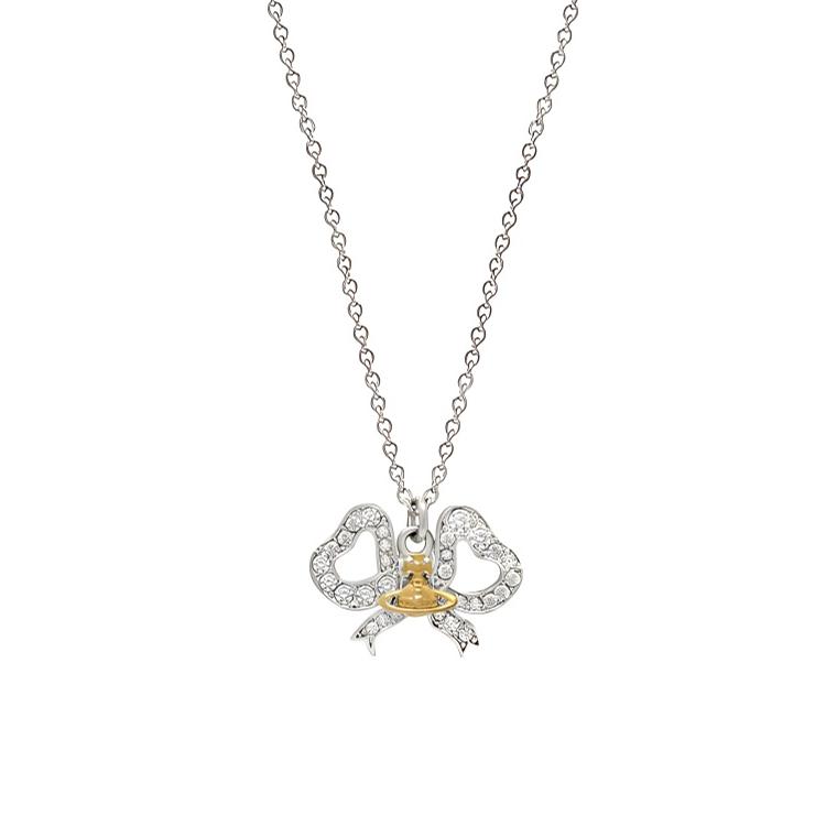 

Vivienne Westwood Rigoberta Metal Crystal Brass Saturn Logo Bow Design Necklace Women necklace Silver 8053195291946 Basic Packaging-Dust Bag+Box
