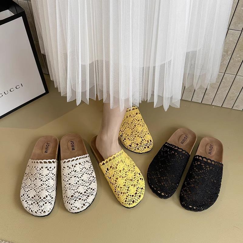 Baotou Half Slippers Women's 2025 New Flat Bottom Hollow One Pedal Women's Fashion Half-support Single Shoes Square Head Slippers