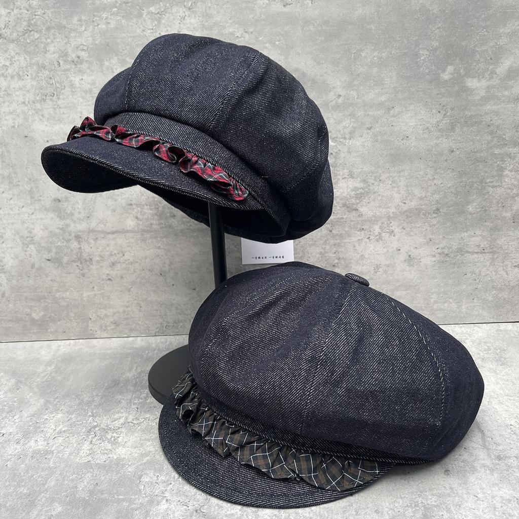 Medieval Retro Niche Design Lace High-End Denim Octagonal Hat Children'S Autumn Face Small Cloud Beret