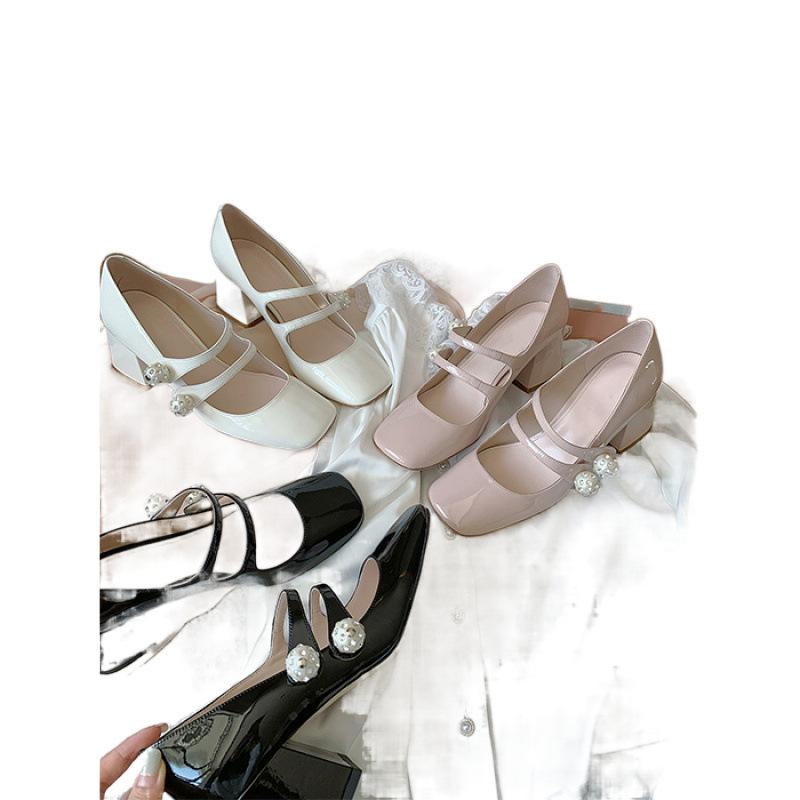 Wind Nude High-heeled Mary Jane Shoes Women's 2025 New French Square Head Rhinestone Pearl Thick Heel Single Shoes Elegant