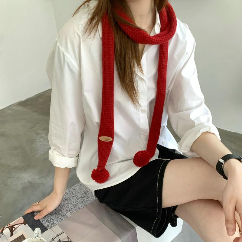 Knitted Narrow Scarf With Tassel Pendant Women Soft Wool Blend Winter Accessory Daily Wear