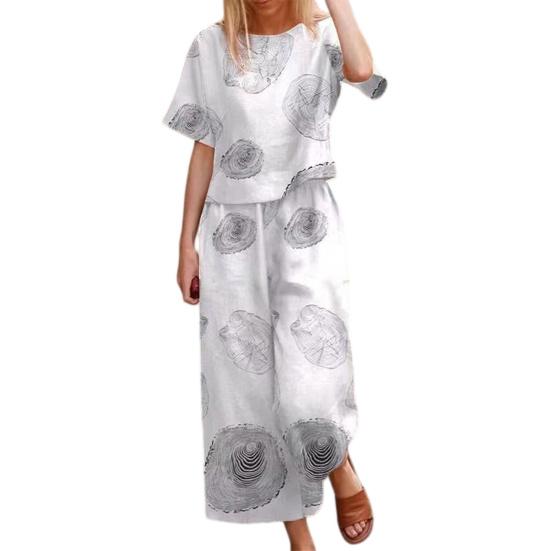 

Женский модный 2-предметный домашний комплект с принтом: футболка с коротким рукавом и широкие брюки. Легкий дышащий костюм для повседневной носки весной, летом и осенью. M белый