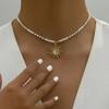 Golden-Toned Retro Sun Pendant Necklace for Women Elegant Turquoise Beads Chain Choker Neck Statement Party Vintage Zircon Gift