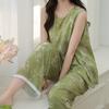 Holiday cotton silk pajamas women's summer sleeveless printing two-piece set loose wide-leg pants can be worn outside loungewear thin