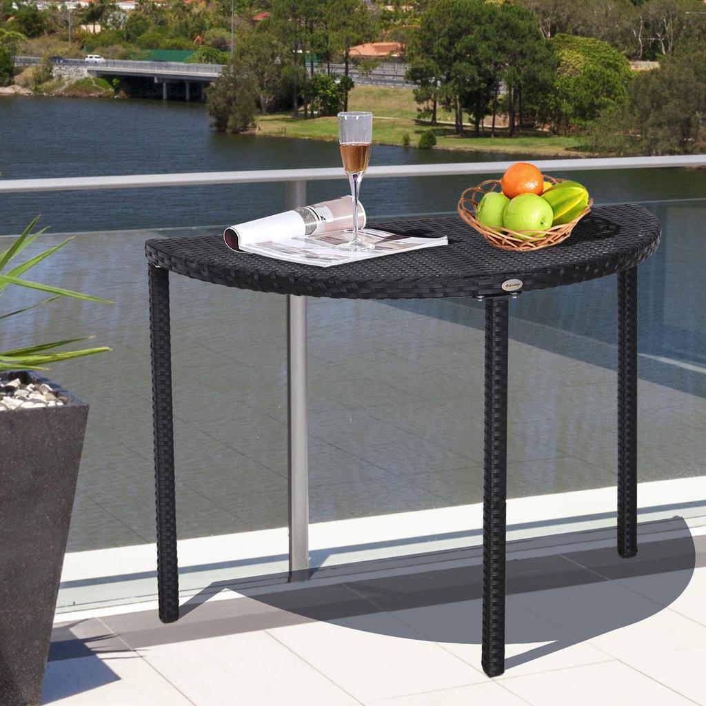Balkontisch, Gartentisch, Gartenmöbel, Halbrund, Polyrattan, Metall, Schwarz, 100 x 50 x 74 cm