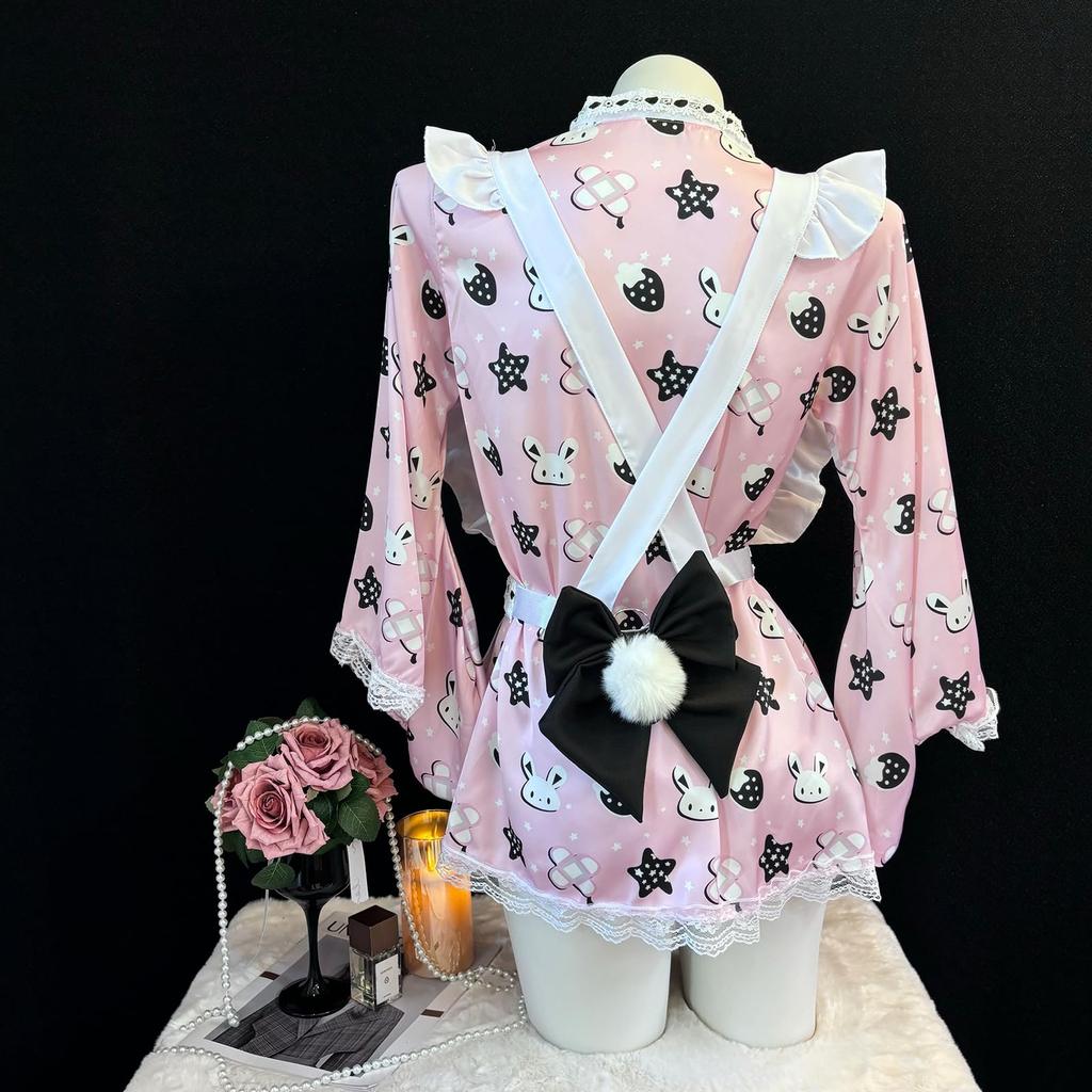 set Japanese sexy costume apron rabbit style Pink rabbit pattern Open front design One size fits most Adult lingerie for photoshoots costume Japanese
