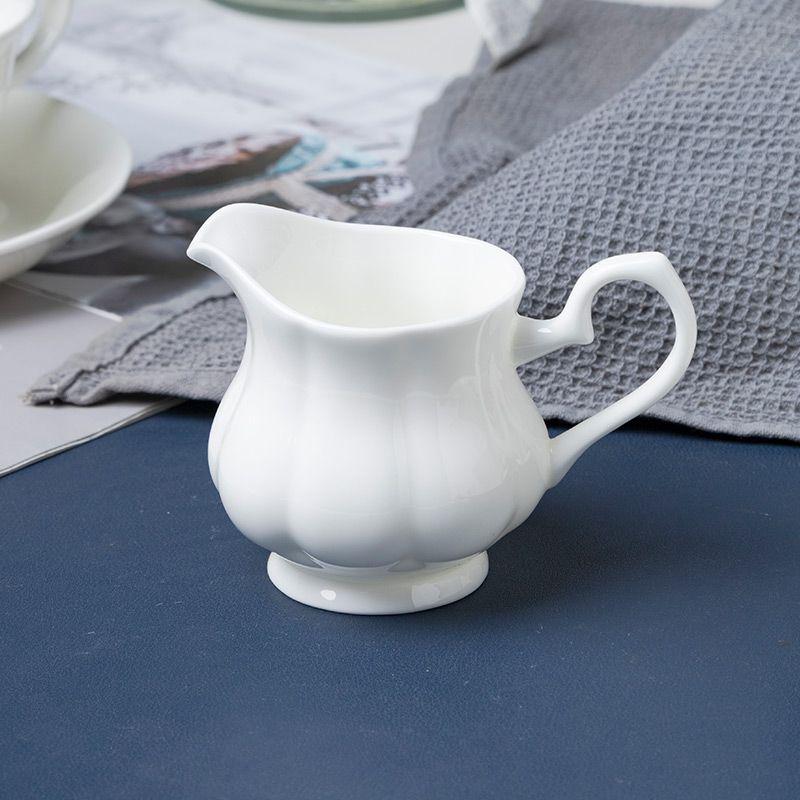 English Style White Ceramic Coffee Set: 7-Piece Bone China Cup, Pot, Saucer & Spoon.