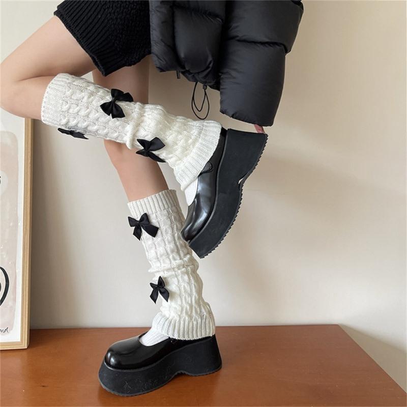 Womens Girls Japanese Cable Knitted Stretch Leg Warmers Sweet Bowknot Accent Leg Covers Footless Boot Socks Streetwear