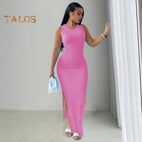 

Летнее женское платье без рукавов с разрезным подолом, однотонное, с круглым вырезом, эластичное платье с высокой талией, длиной до щиколотки, облегающее однотонное вечернее клубное платье макси