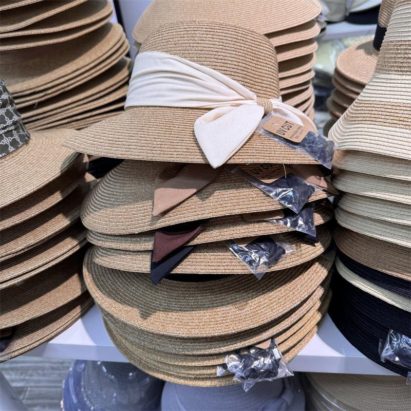 Top Stylish Round Wide Brim Foldable Sun Hat Womens Summer Beach Hat With Bow