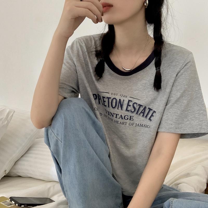 Clash of Colours Round Neck Short Sleeve T-shirt Women's Summer Letters Printed Loose Short Retro Tops