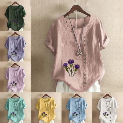 Women's Fashion Round Neck Short Sleeve T-shirt Casual Cotton Linen Pattern Shirt Leisure Loose Flowers Prined Summer Blouse Tops