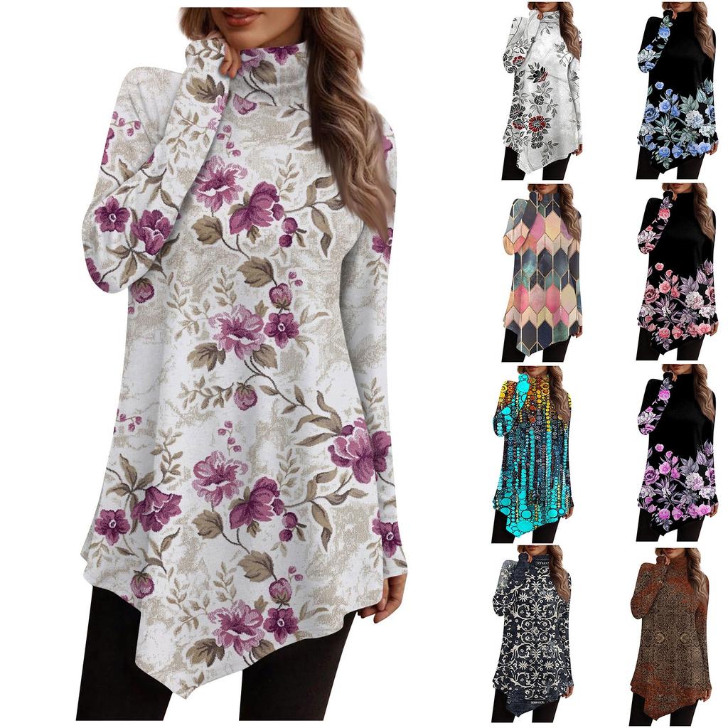 Kadın Günlük Üstler Uzun Kollu Balıkçı Yaka Moda Baskılı Gömlek Üstleri Tişört Kazak