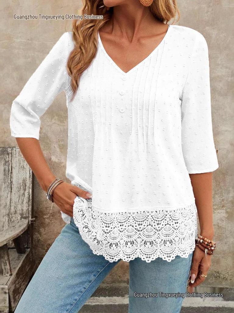 French Forest Style Hollow Embroidery Lace Casual Women's Short Shirt