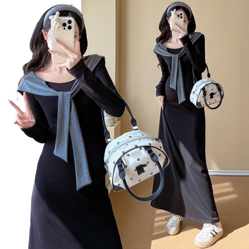Autumn/Winter French Maternity Slim Fit Mid-Length Dress - Soft, Stylish, Comfortable, Stomach-Friendly.